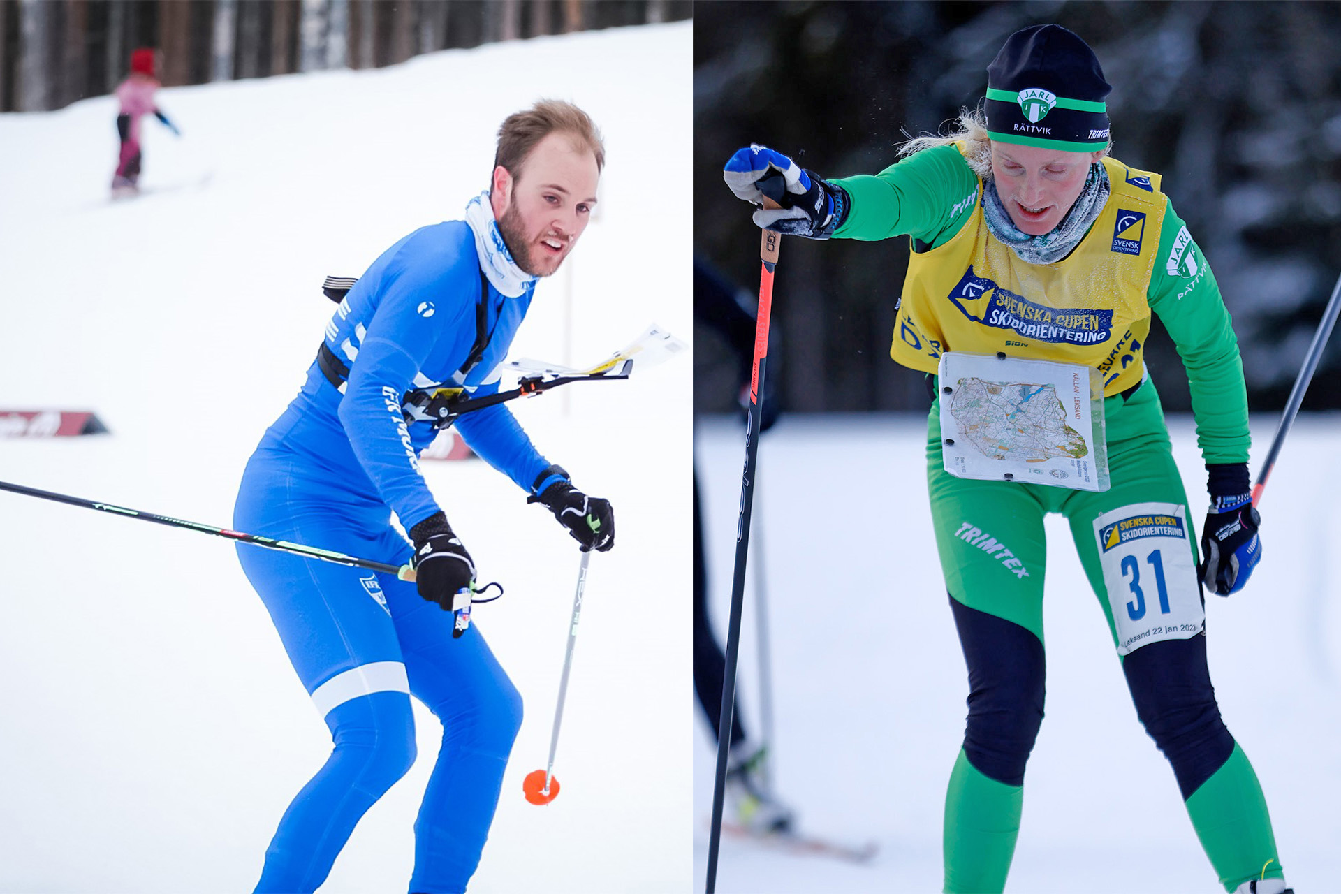 Linus Rapp till vänster och Linda Lindkvist till höger spurtar i mål på skidorientering.